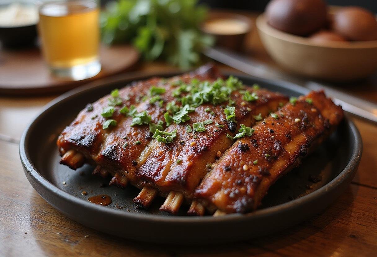 Delicious beef ribs in oven, highlighting tender beef back ribs ready to serve, appealing for a barbecue feast or dinner gathering.