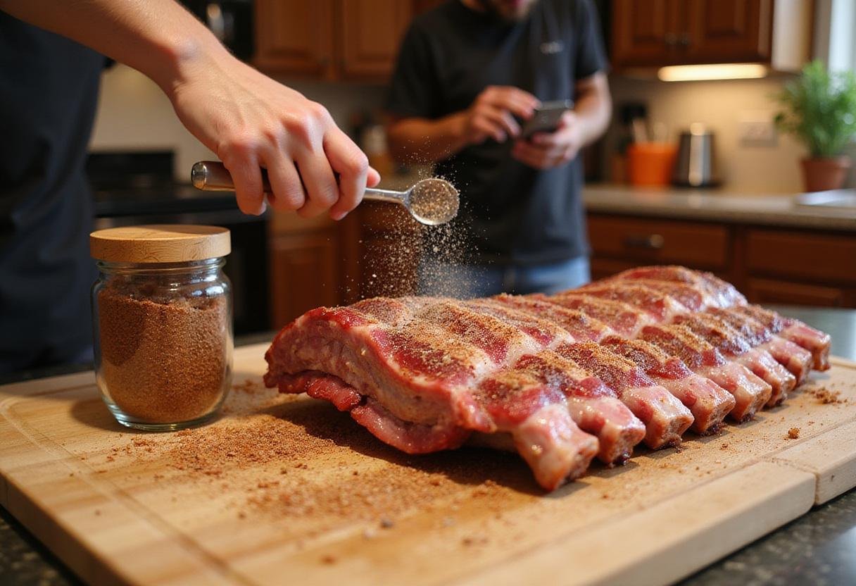 Seasoning beef ribs in oven, preparing beef back ribs with spices for a flavorful meal in a cozy kitchen setting.