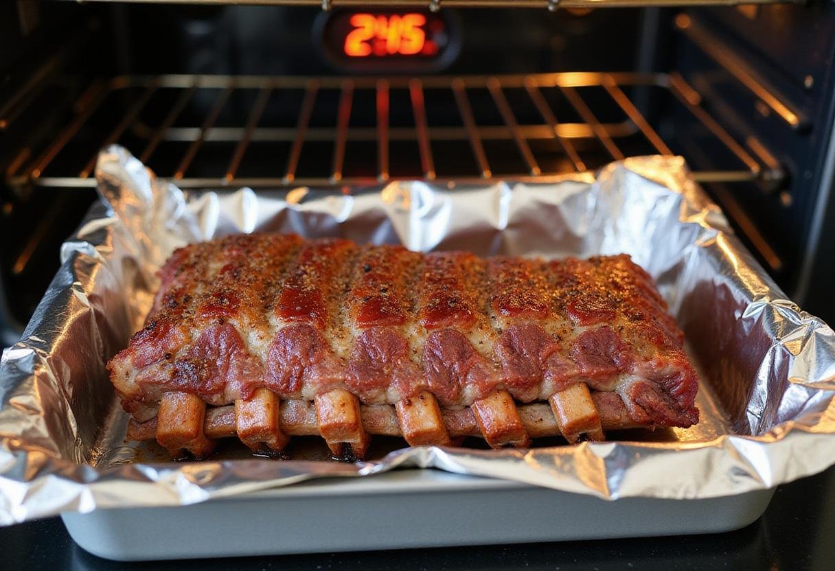 Preparing beef ribs in oven, arranging seasoned beef back ribs on a baking tray for slow cooking in the oven for tender flavor.