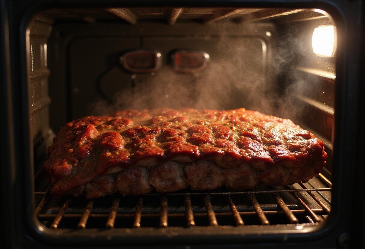 Cooking beef ribs in oven, observing beef back ribs sizzling in the oven for a mouthwatering aroma and tender texture.