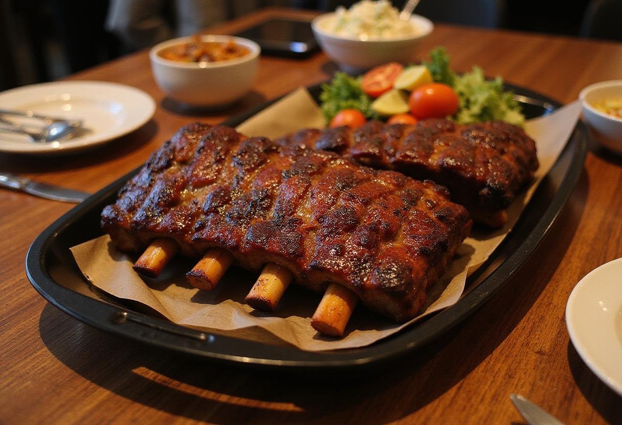 Serving beef ribs in oven, presenting beautifully glazed beef back ribs on a platter with sides, perfect for a delicious family meal.