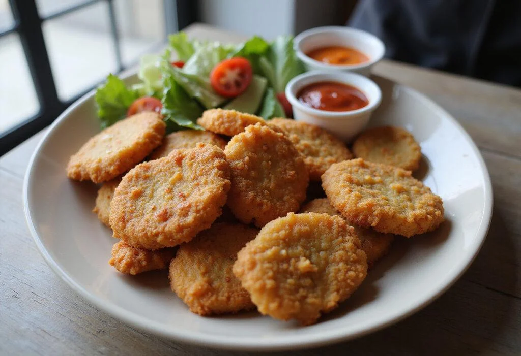 Final presentation of golden brown chicken nuggets from the air fryer, showcasing the delightful dish of frozen chicken nuggets in air fryer.