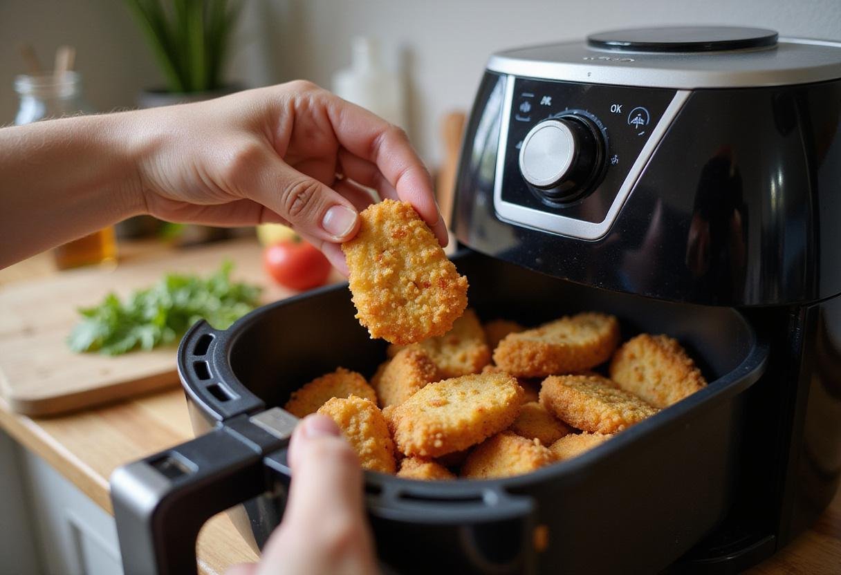 Frozen chicken nuggets ready for cooking in an air fryer, showcasing air fryer frozen chicken nuggets preparation.