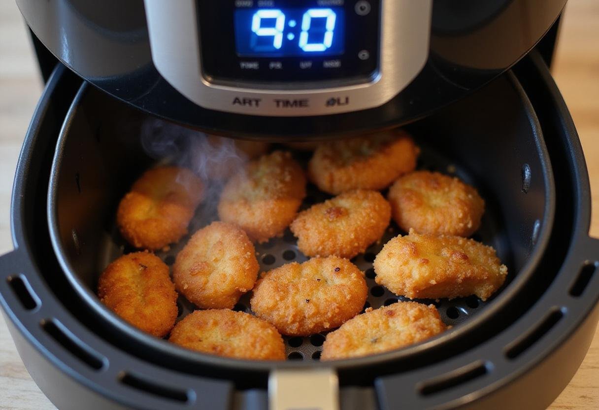 Air fryer in action with chicken nuggets, depicting the cooking process of chicken nuggets in the air fryer.
