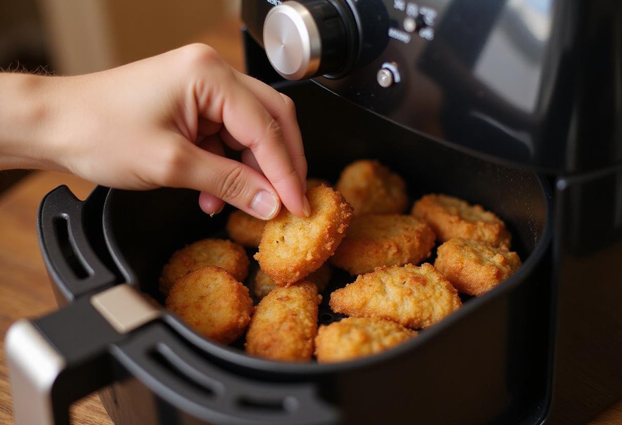 Checking the perfect crispiness of chicken nuggets in the air fryer, emphasizing the quality of frozen chicken nuggets in air fryer.