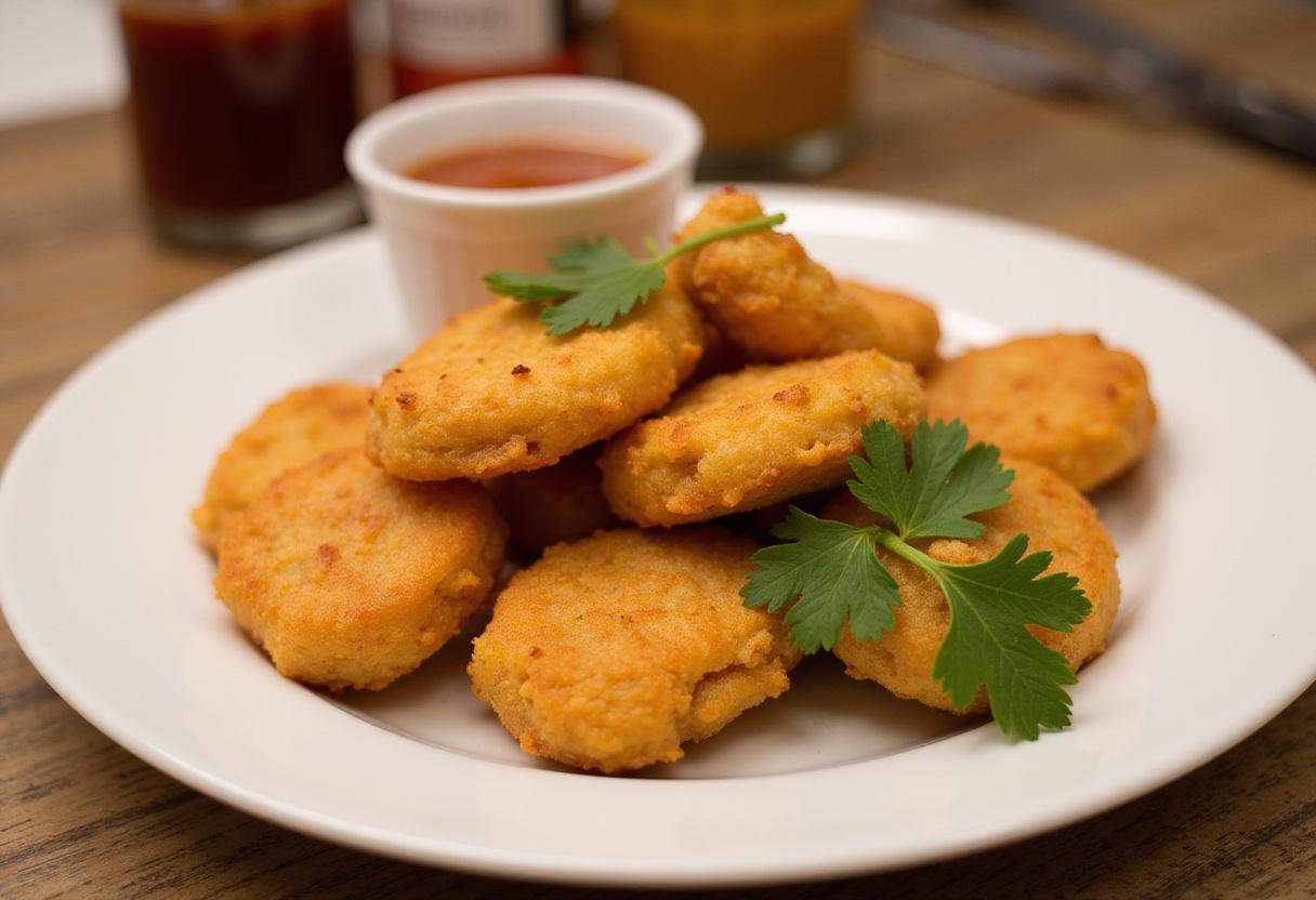 Served air-fried chicken nuggets, highlighting the tasty appearance of frozen chicken nuggets air fryer cooked to perfection.