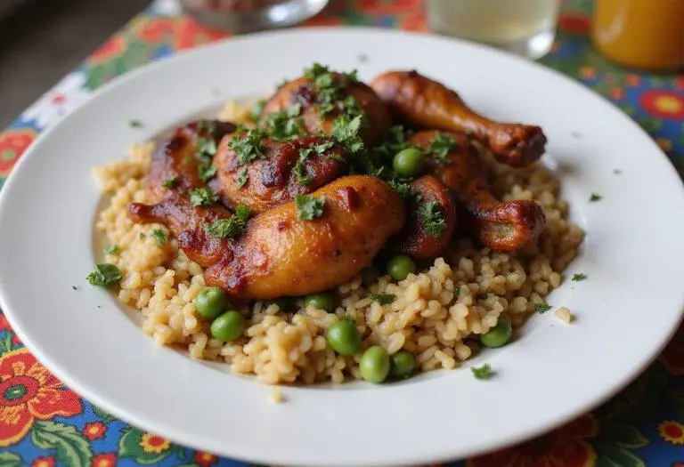 Deliciously plated jerk chicken with rice and peas, a tantalizing representation of the best jerk chicken sauce and seasoning for a delightful meal.