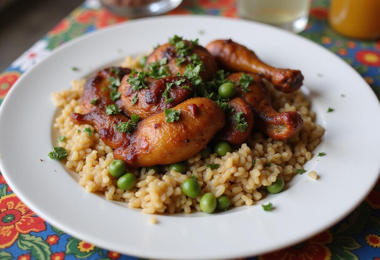 Deliciously plated jerk chicken with rice and peas, a tantalizing representation of the best jerk chicken sauce and seasoning for a delightful meal.