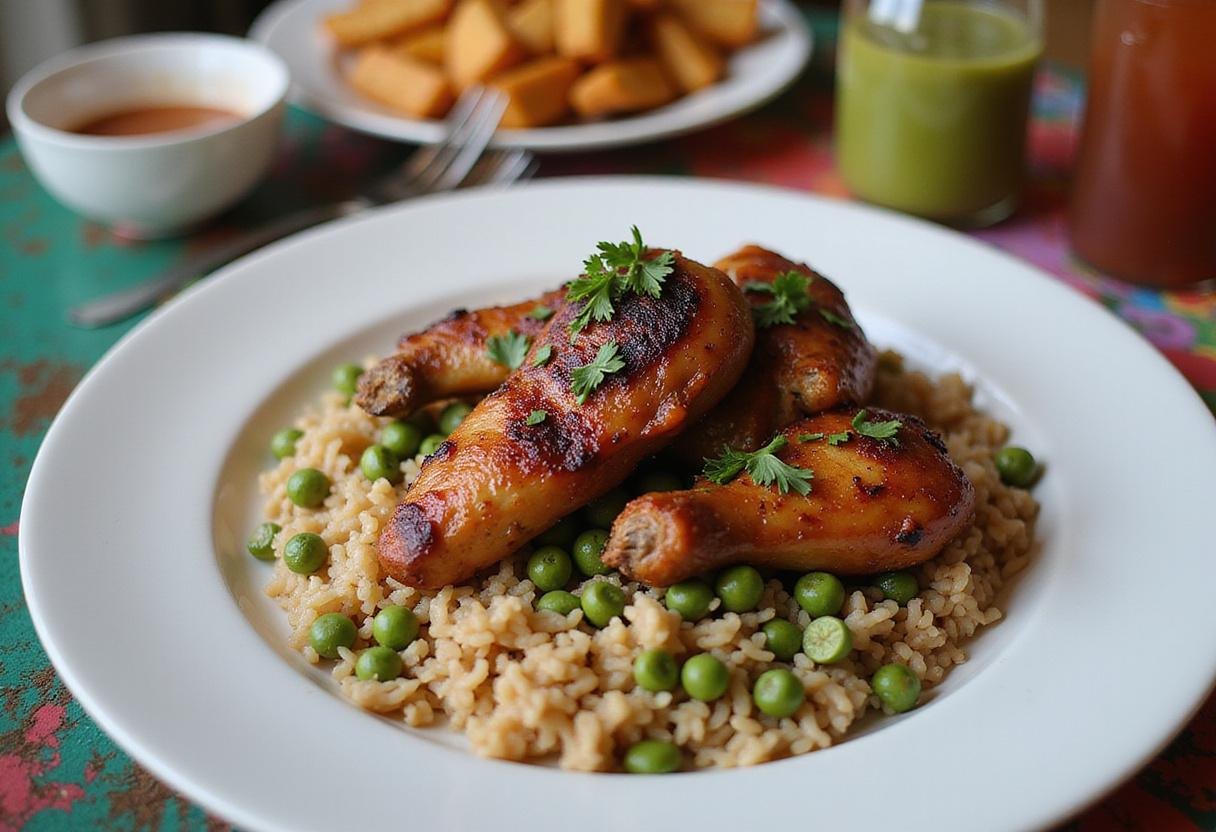 Deliciously plated jerk chicken with rice and peas, a tantalizing representation of the best jerk chicken sauce and seasoning for a delightful meal.
