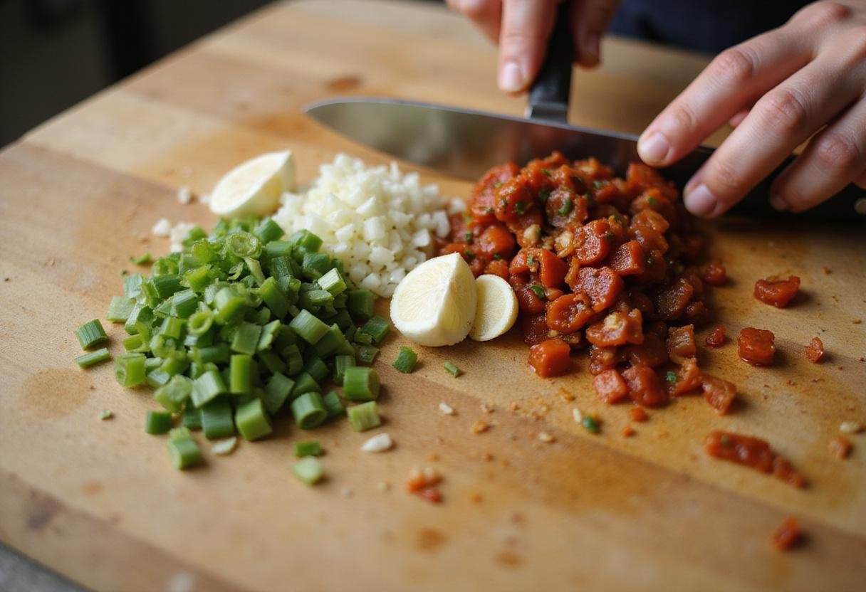 Fresh ingredients for jerk chicken sauce including scallions, garlic, and Scotch bonnet peppers on a cutting board, showcasing the vibrant colors of jerk sauce preparation.