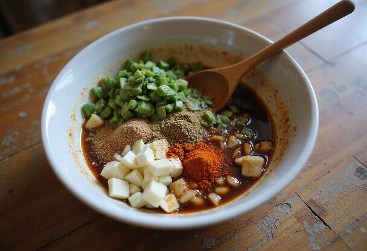 A mixing bowl of prepared jerk chicken sauce with chopped ingredients and spices, capturing the essence of homemade jerk sauce for jerk chicken.