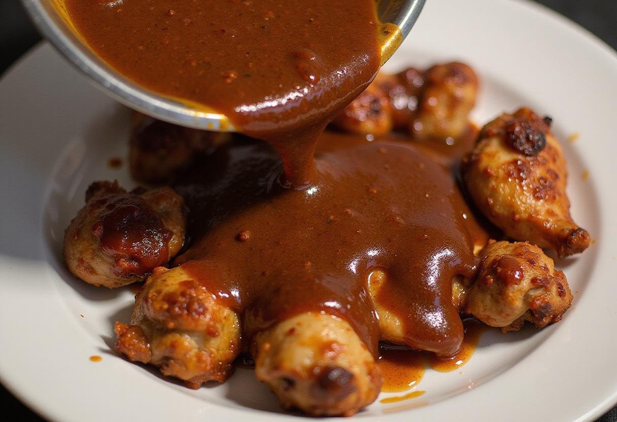 Marinated chicken covered in homemade jerk chicken sauce, ready for cooking, illustrating the preparation process of jerk chicken seasoning.