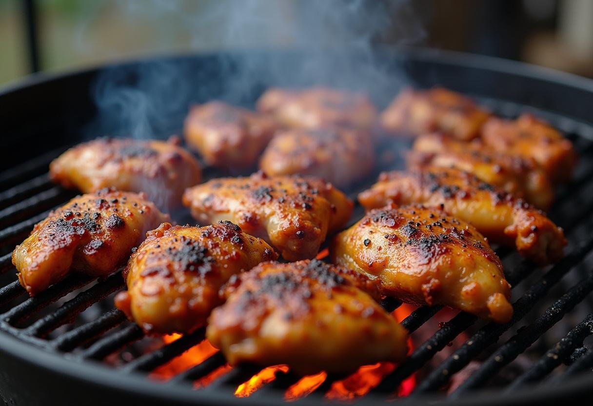 Chicken being grilled with flavorful jerk chicken seasoning, showcasing the dynamic cooking scene for jerk chicken.