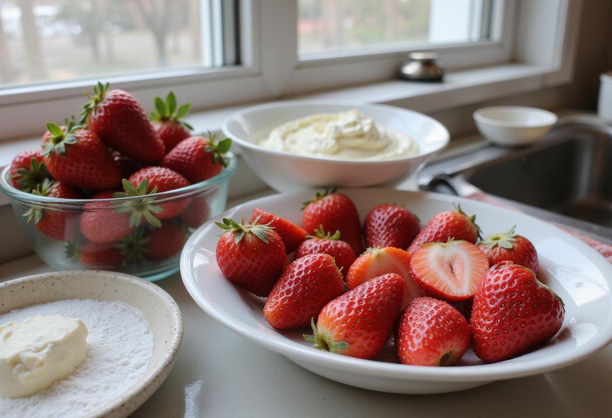 Fresh strawberries being prepared for strawberry cheesecake bars, highlighting the preparation of Philadelphia cheesecake bars with a vibrant kitchen setting.