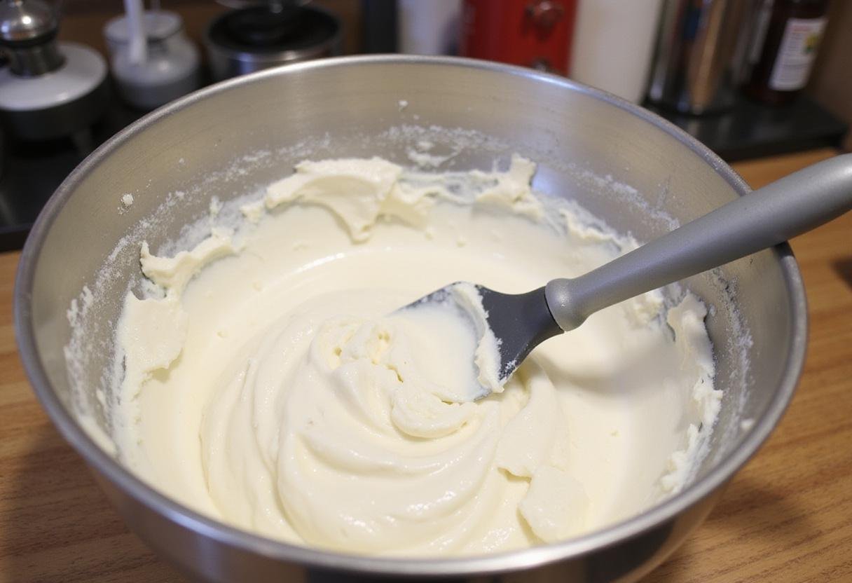 Mixing cream cheese and sugar for cheesecake bars recipe, showcasing the creamy texture needed for the best strawberry cheesecake bars in a well-equipped kitchen.