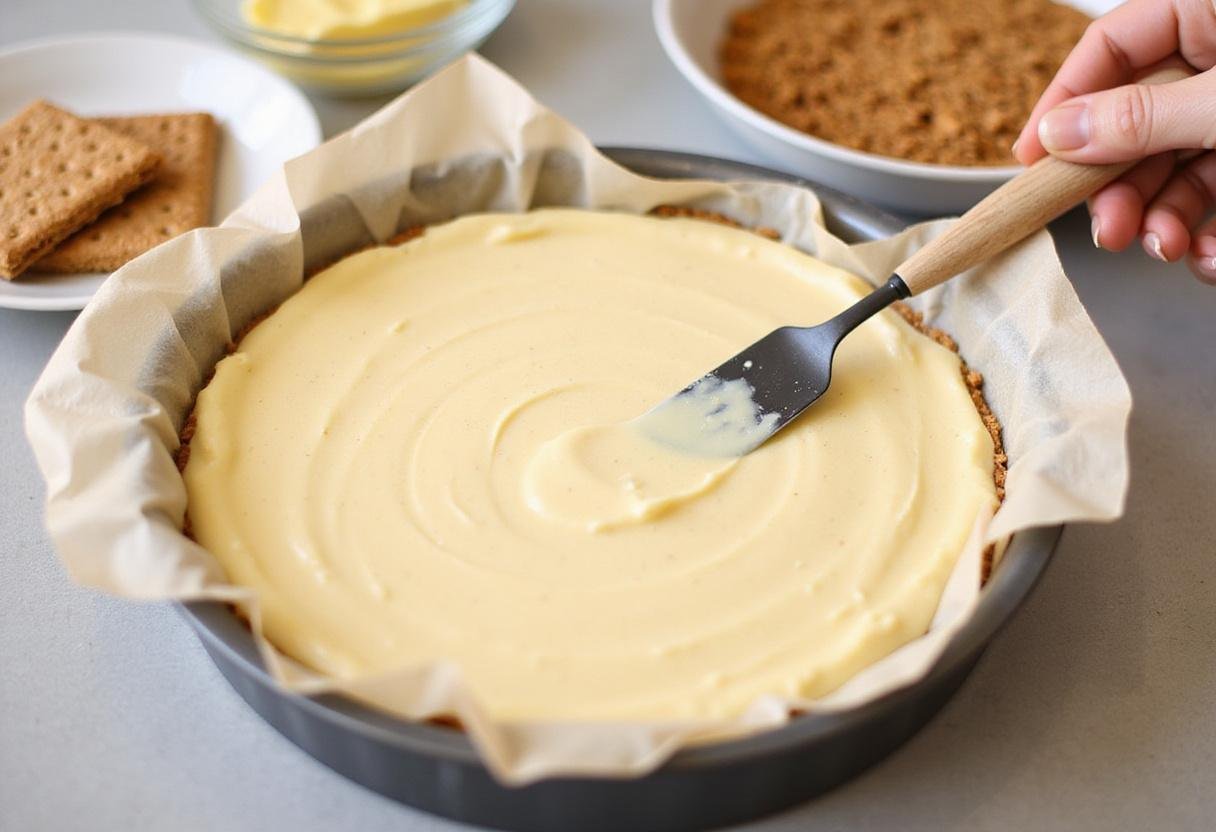 Filling a baking dish with cheesecake mixture for mini strawberry cheesecake, illustrating the process of creating perfectly layered strawberry cheesecake bars.