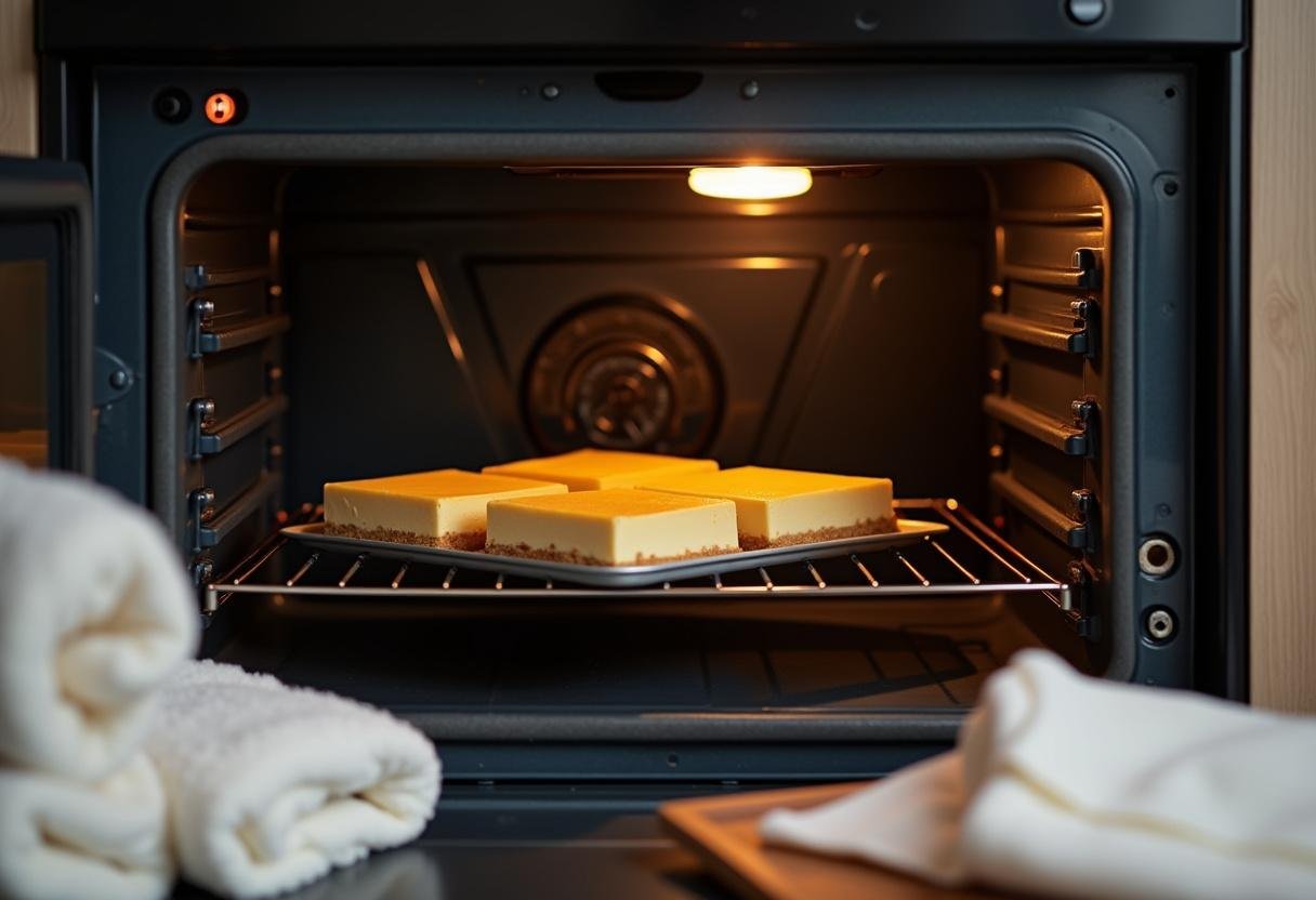 Baking strawberry cheesecake bars in the oven, capturing the anticipation of recreating klondike strawberry cheesecake bars in a cozy home kitchen.