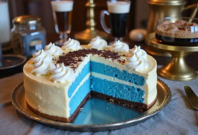 Final presentation of Blue Velvet Butterbeer Cheesecake showcasing its layers, perfectly cut and adorned for a magical dessert experience.