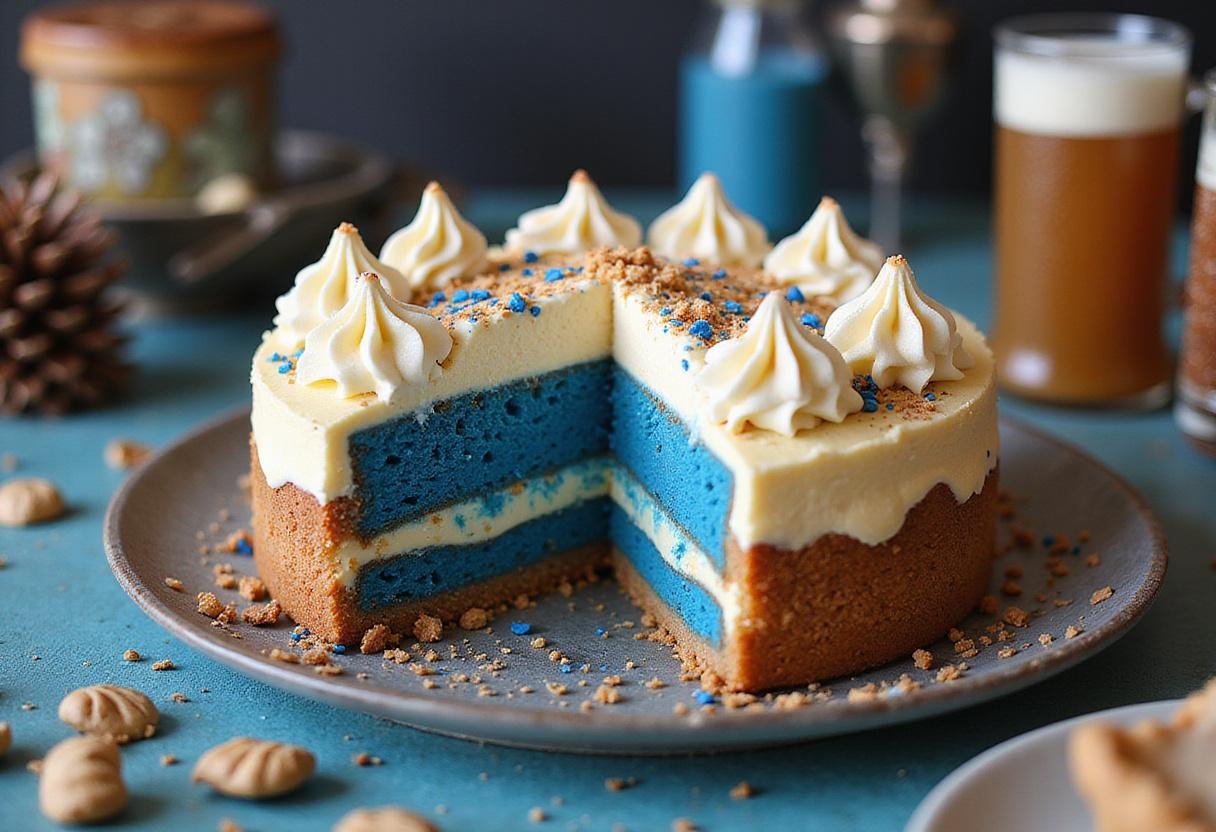 Final presentation of Blue Velvet Butterbeer Cheesecake showcasing its layers, perfectly cut and adorned for a magical dessert experience.