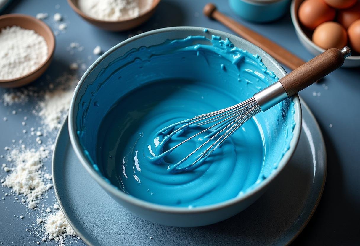 Blue Velvet Butterbeer Cheesecake preparation with a creamy batter and baking ingredients for a delightful dessert.