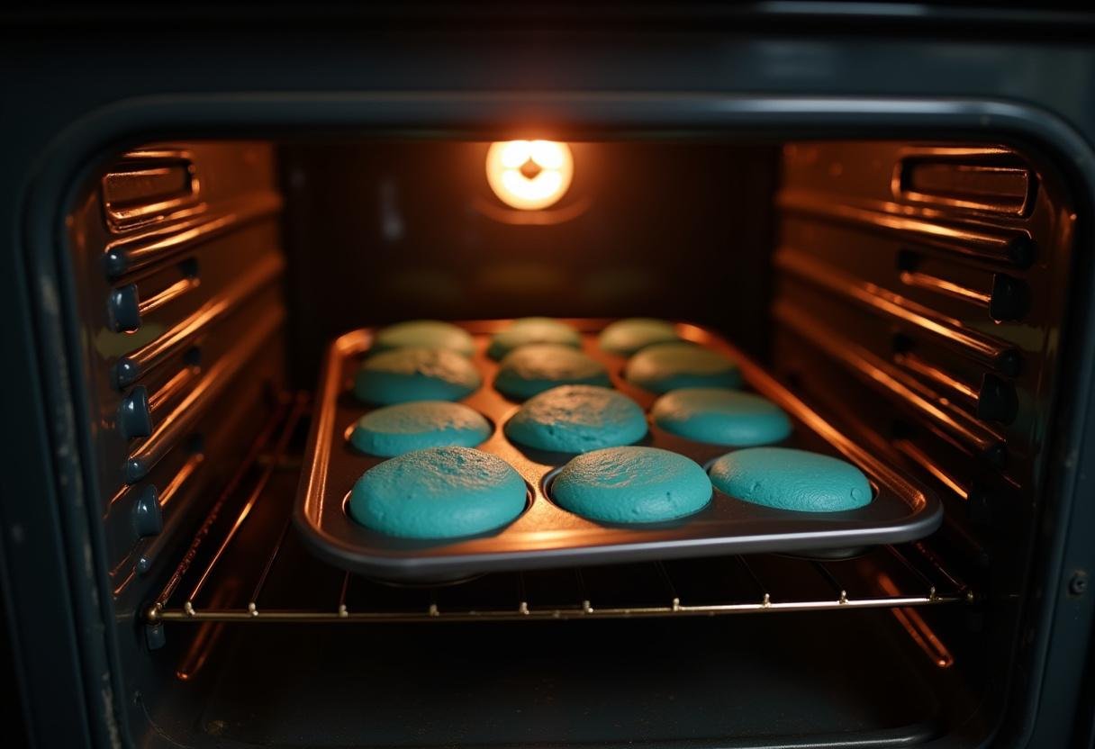 Baking blue velvet cake rounds for the Butterbeer Cheesecake, showcasing the oven working its magic.