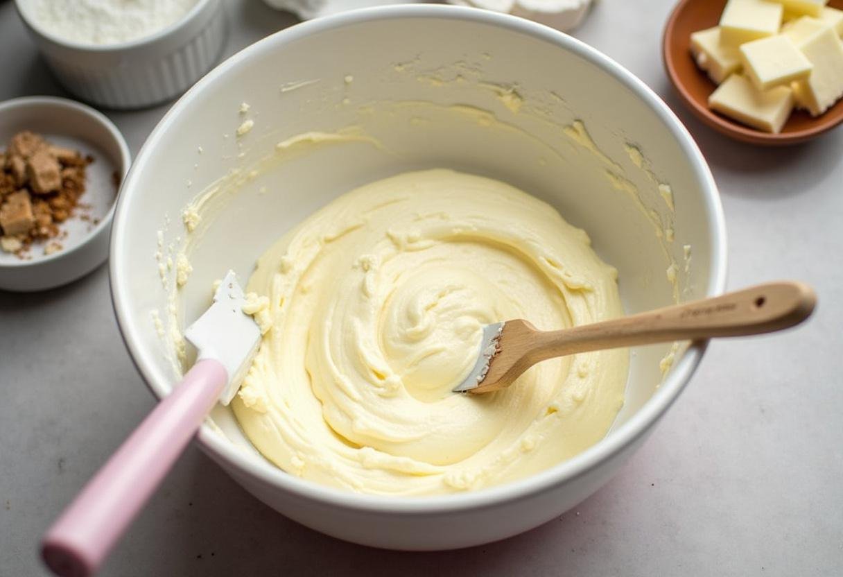 Preparing the creamy filling for Blue Velvet Butterbeer Cheesecake with smooth cream cheese and sweet ingredients.
