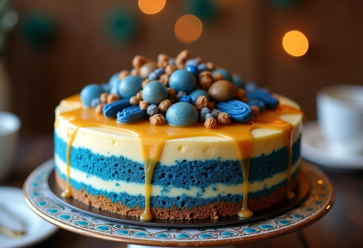 Gorgeous Blue Velvet Butterbeer Cheesecake beautifully presented with butterscotch sauce and Ravenclaw themed decorations.