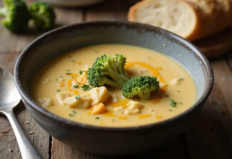 Deliciously finished broccoli cheddar soup served warm, a perfect comfort dish reminiscent of Panera's famous recipe.