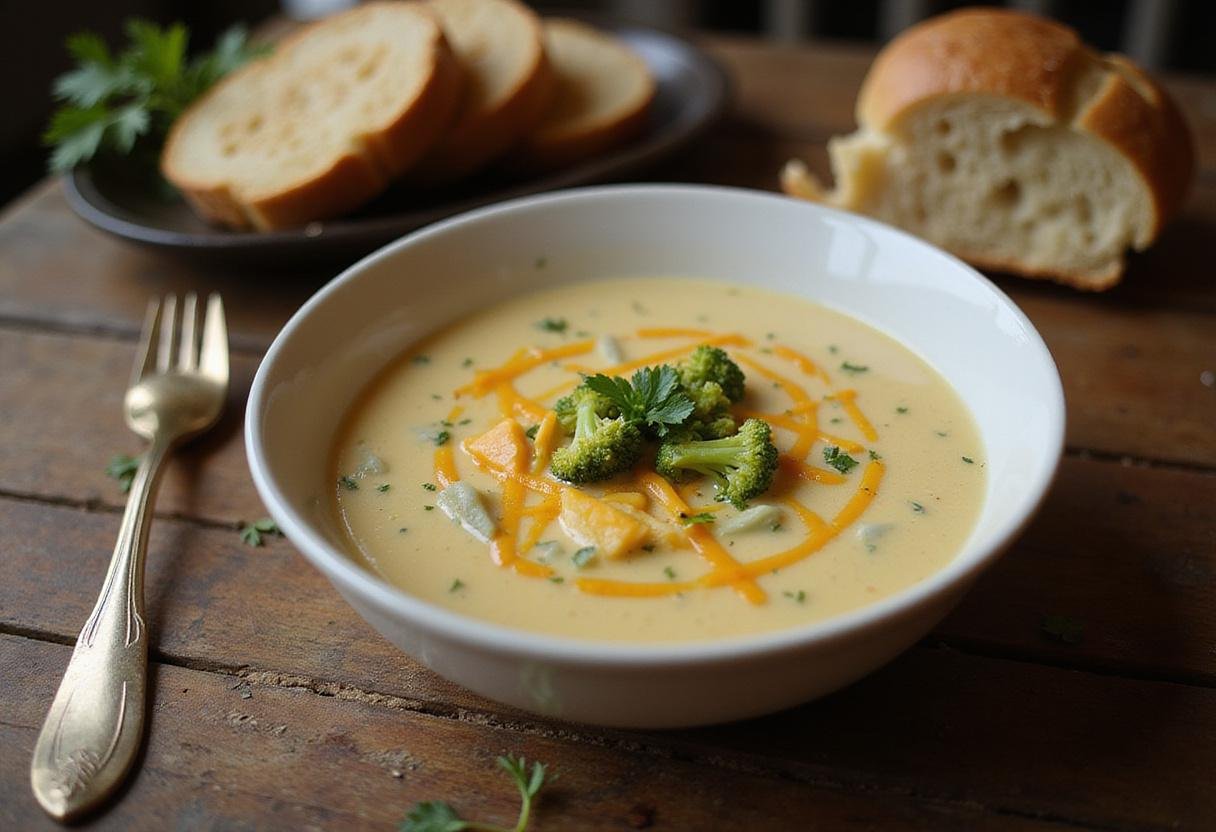 Deliciously finished broccoli cheddar soup served warm, a perfect comfort dish reminiscent of Panera's famous recipe.