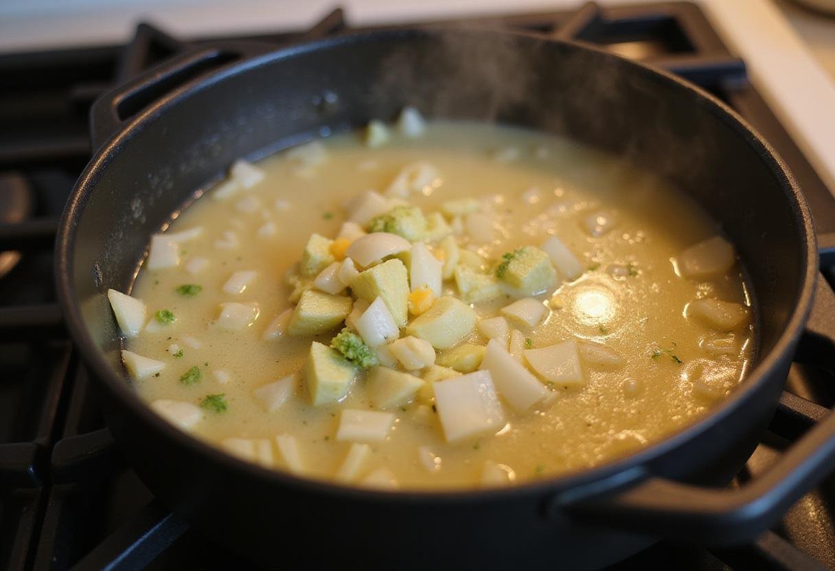Sautéing onions and garlic for broccoli cheddar soup, a key step in creating rich flavors, perfect for Panera broccoli cheddar soup nutrition.
