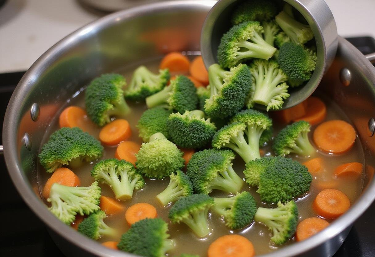 Adding fresh broccoli and vegetables to the pot for a delicious broccoli cheddar soup, ideal for instant pot recipes.