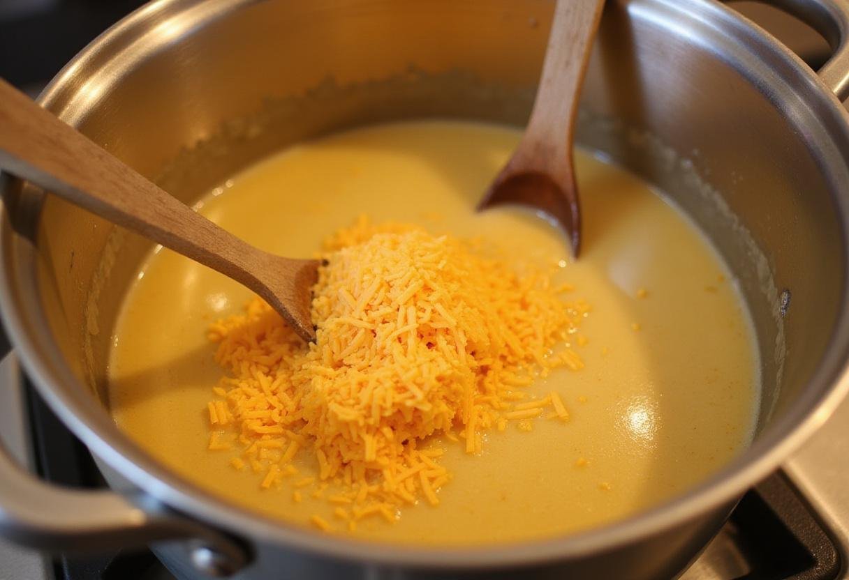 Incorporating sharp cheddar cheese into broccoli cheddar soup, enhancing flavors and creaminess, a delightful comfort food.