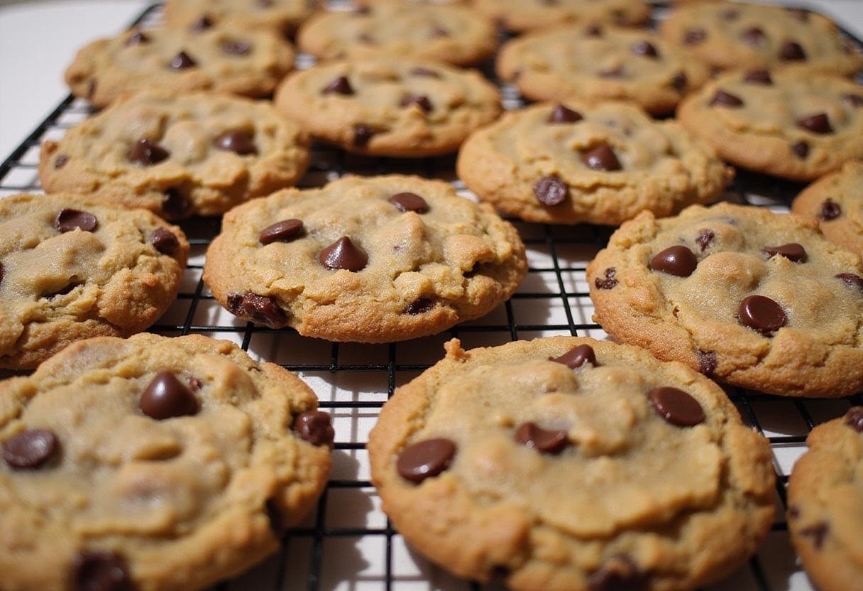 Delicious brown butter oatmeal chocolate chip cookies cooling on a rack, showcasing their golden brown color and melted chocolate chips.