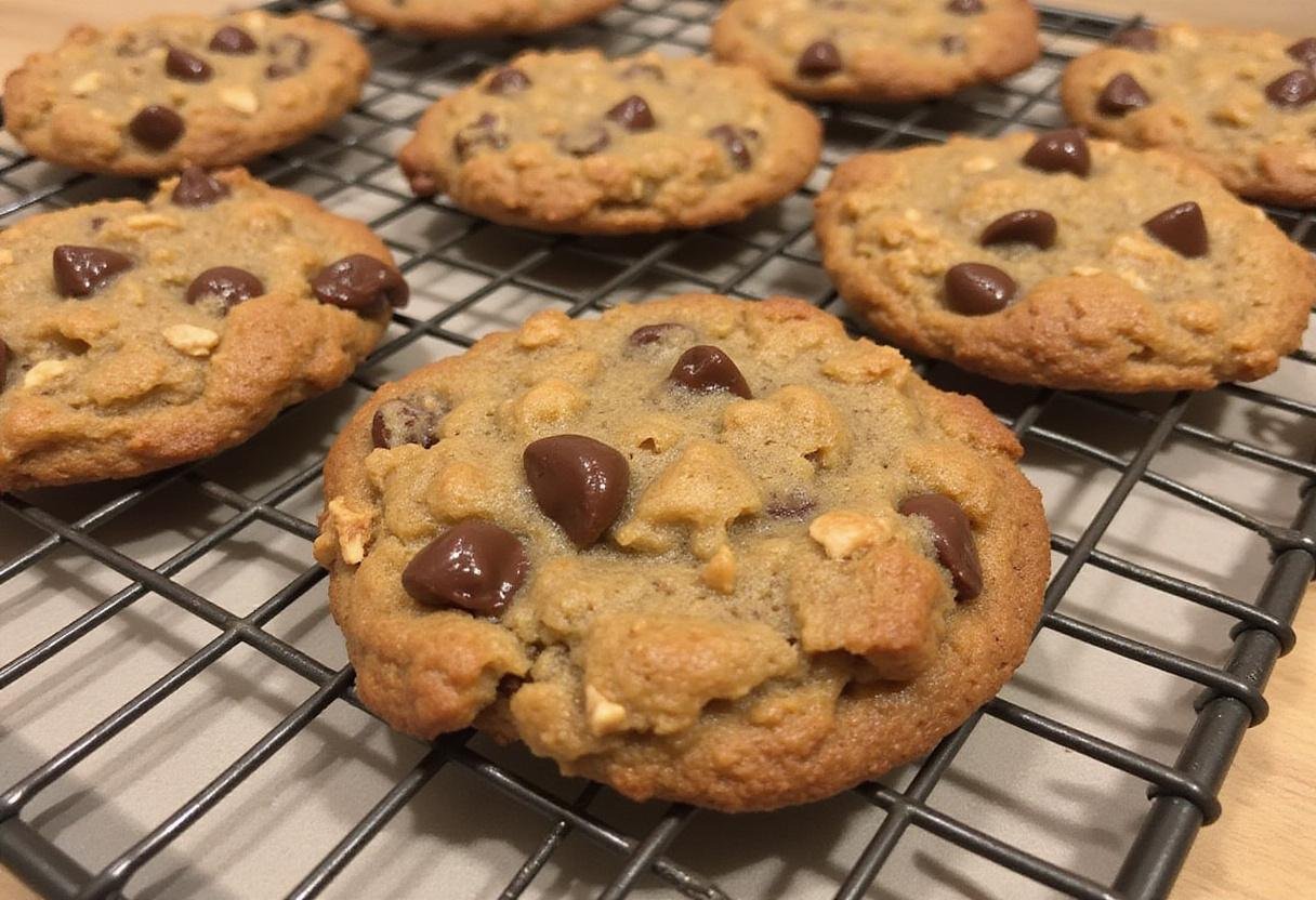 Delicious brown butter oatmeal chocolate chip cookies cooling on a rack, showcasing their golden brown color and melted chocolate chips.