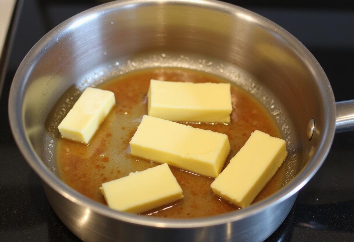 Golden brown melted butter in a saucepan, key ingredient for rich brown butter oatmeal chocolate chip cookies.