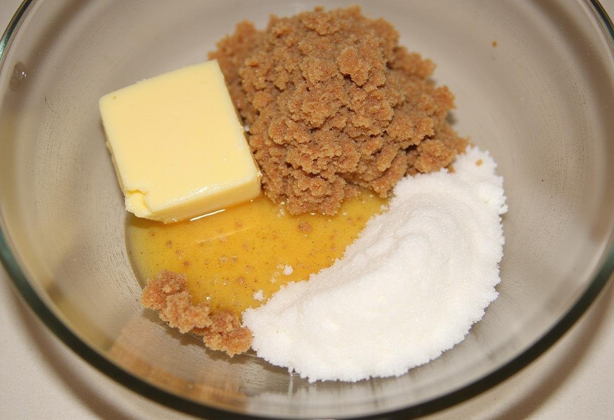 A mixing bowl with a blend of brown sugar and granulated sugar, being whisked with melted brown butter for oatmeal chocolate chip cookies.