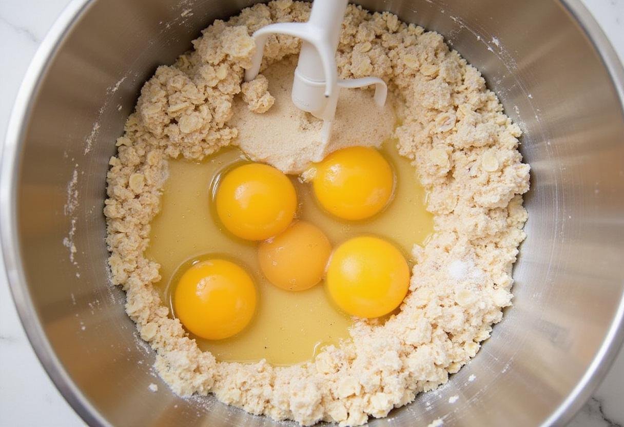 A mixing bowl with a creamy egg and vanilla mixture, ready to be combined with dry ingredients for oatmeal chocolate chip cookies.