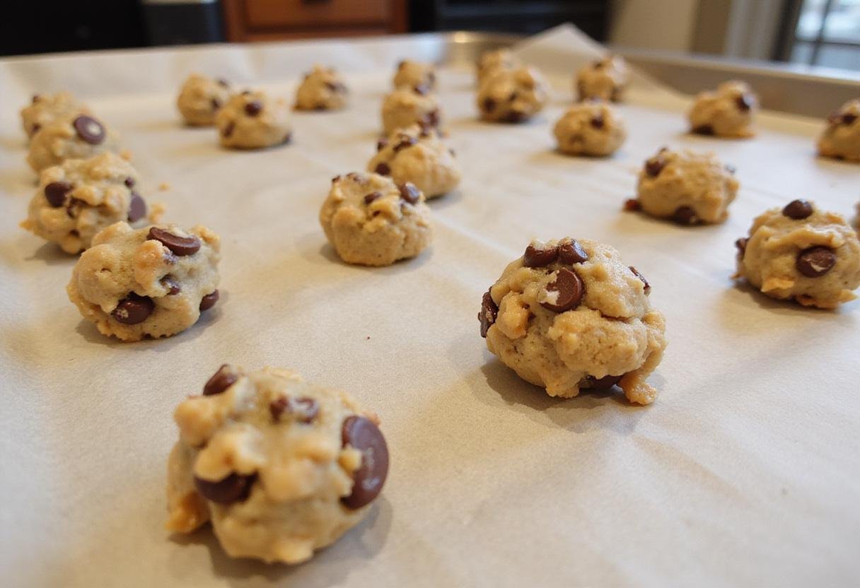 Cookie dough with chocolate chips and walnuts being scooped onto a baking tray, preparing to bake delicious oatmeal chocolate chip cookies.