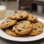 Delicious butternut bakery chocolate chip cookies presented on a plate with a glass of milk, ready to enjoy.