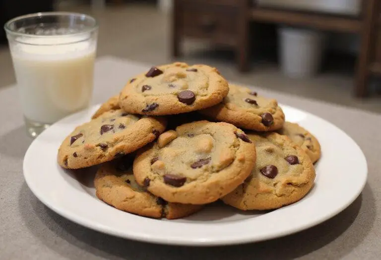 Delicious butternut bakery chocolate chip cookies presented on a plate with a glass of milk, ready to enjoy.
