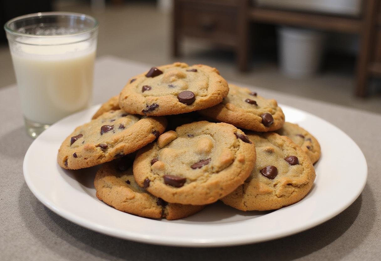 Delicious butternut bakery chocolate chip cookies presented on a plate with a glass of milk, ready to enjoy.