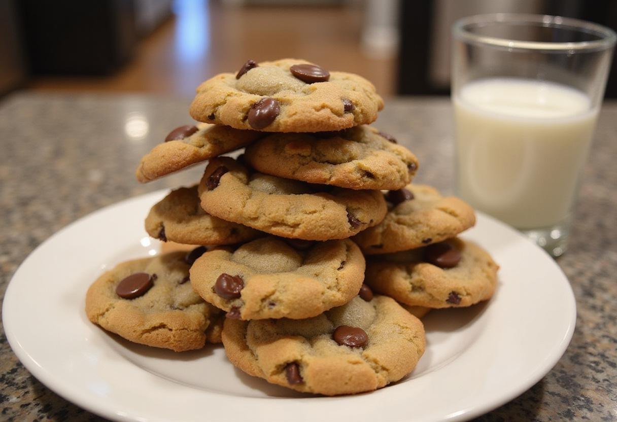 Delicious butternut bakery chocolate chip cookies presented on a plate with a glass of milk, ready to enjoy.