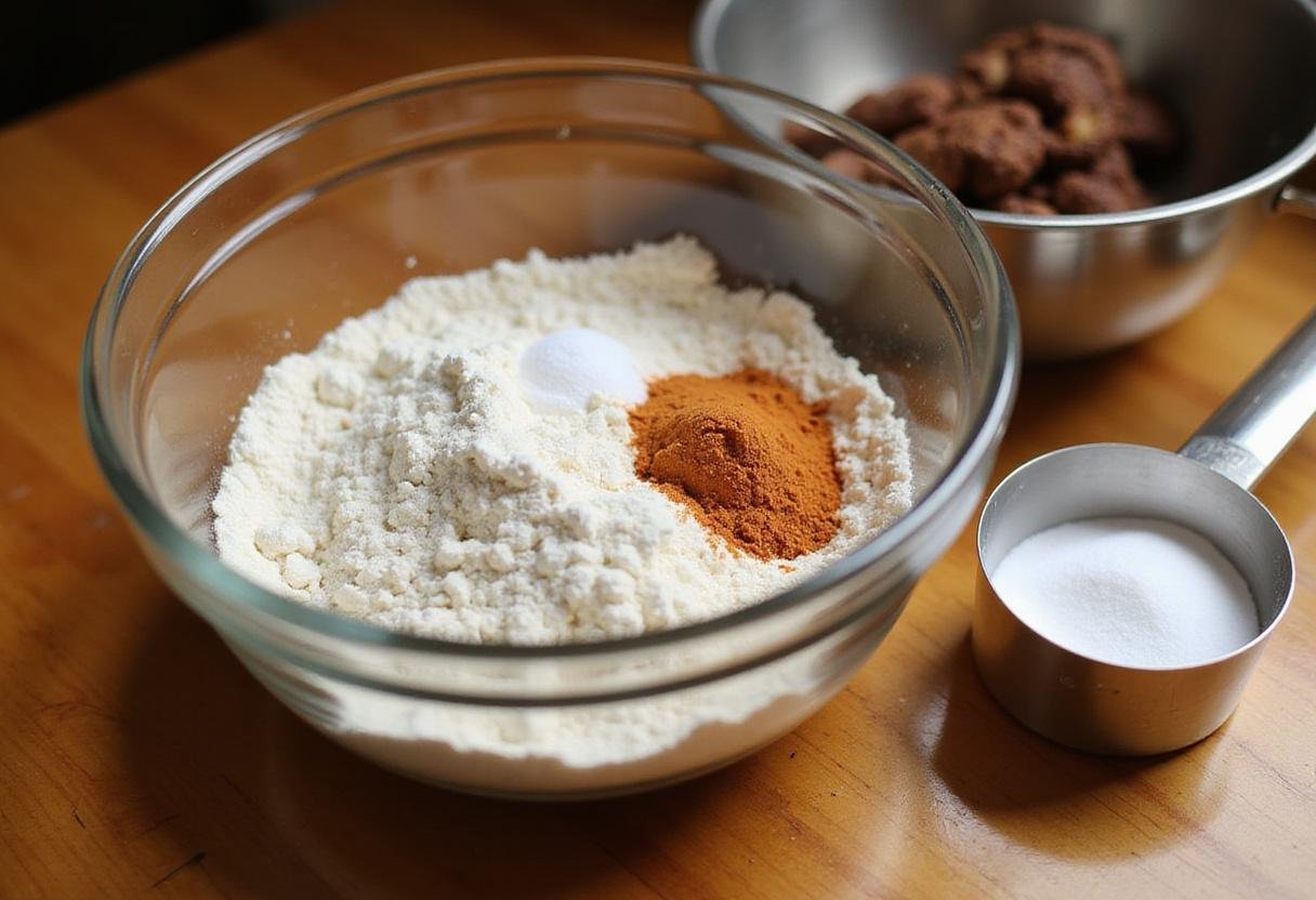 Ingredients for butternut bakery chocolate chip cookies including flour, sugar, and baking soda on a kitchen countertop.