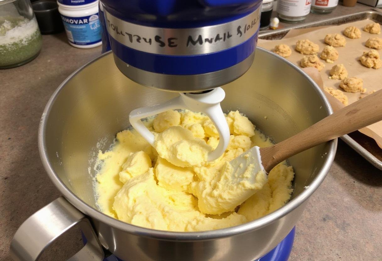 Mixing butter and sugar to make butternut bakery chocolate chip cookie dough in a stand mixer.
