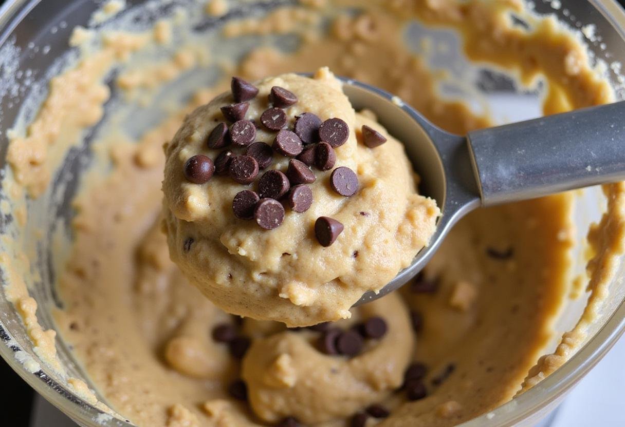Cookie dough with chocolate chips ready to be scooped for butternut bakery chocolate chip cookies.