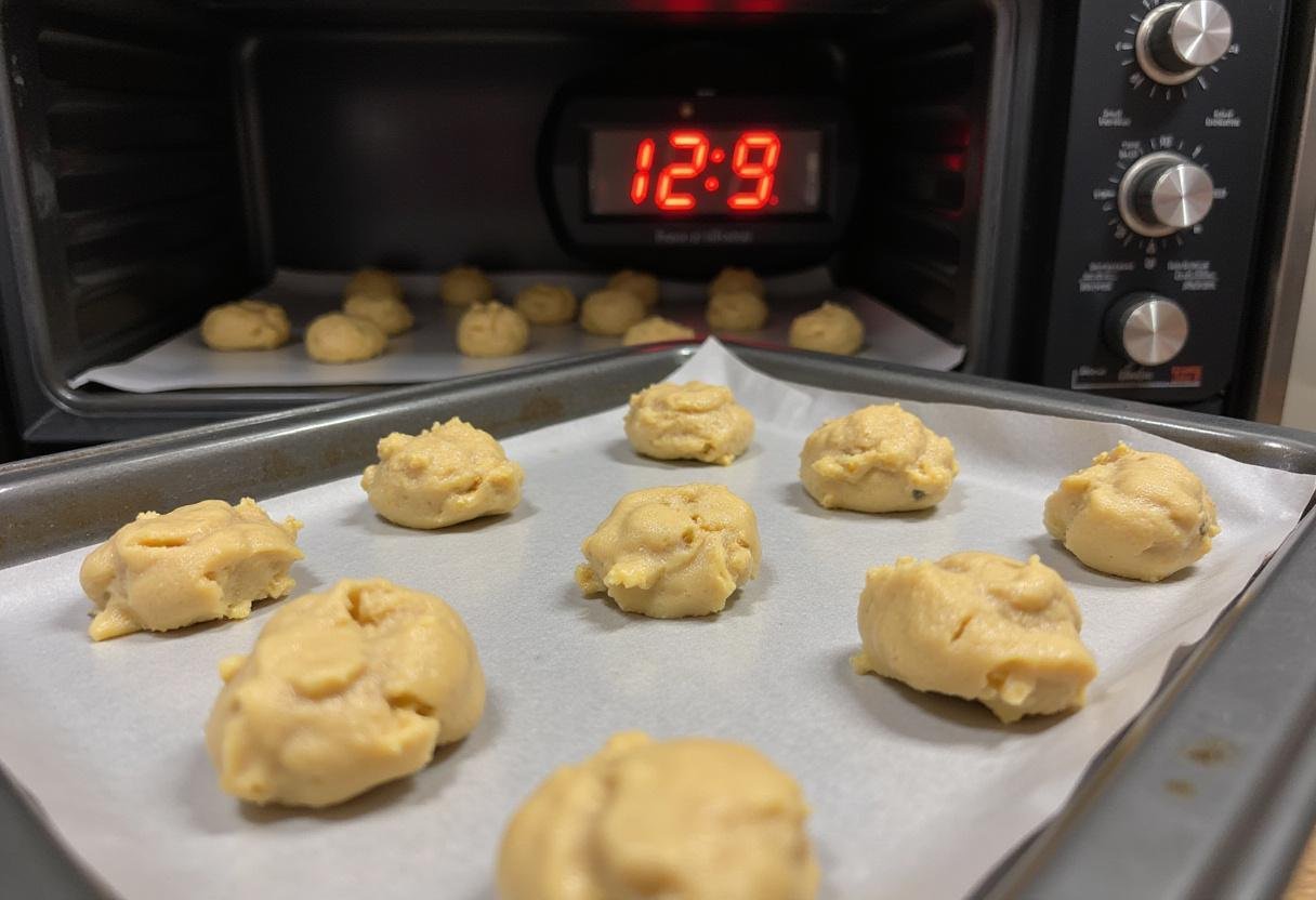 Raw cookie dough balls on a baking sheet ready for the oven for butternut bakery chocolate chip cookies.