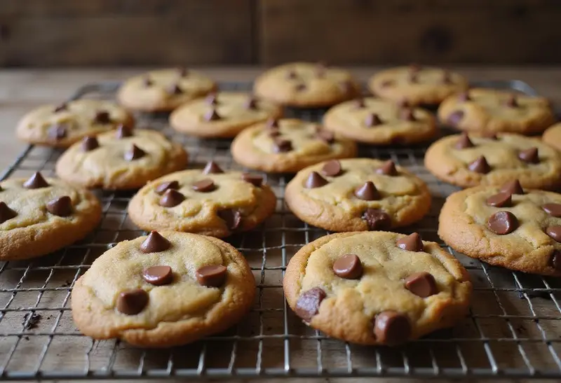 Golden brown butterscotch chocolate chip cookies cooling on a rack, highlighting their deliciousness and inviting appearance in a warm, homely kitchen.