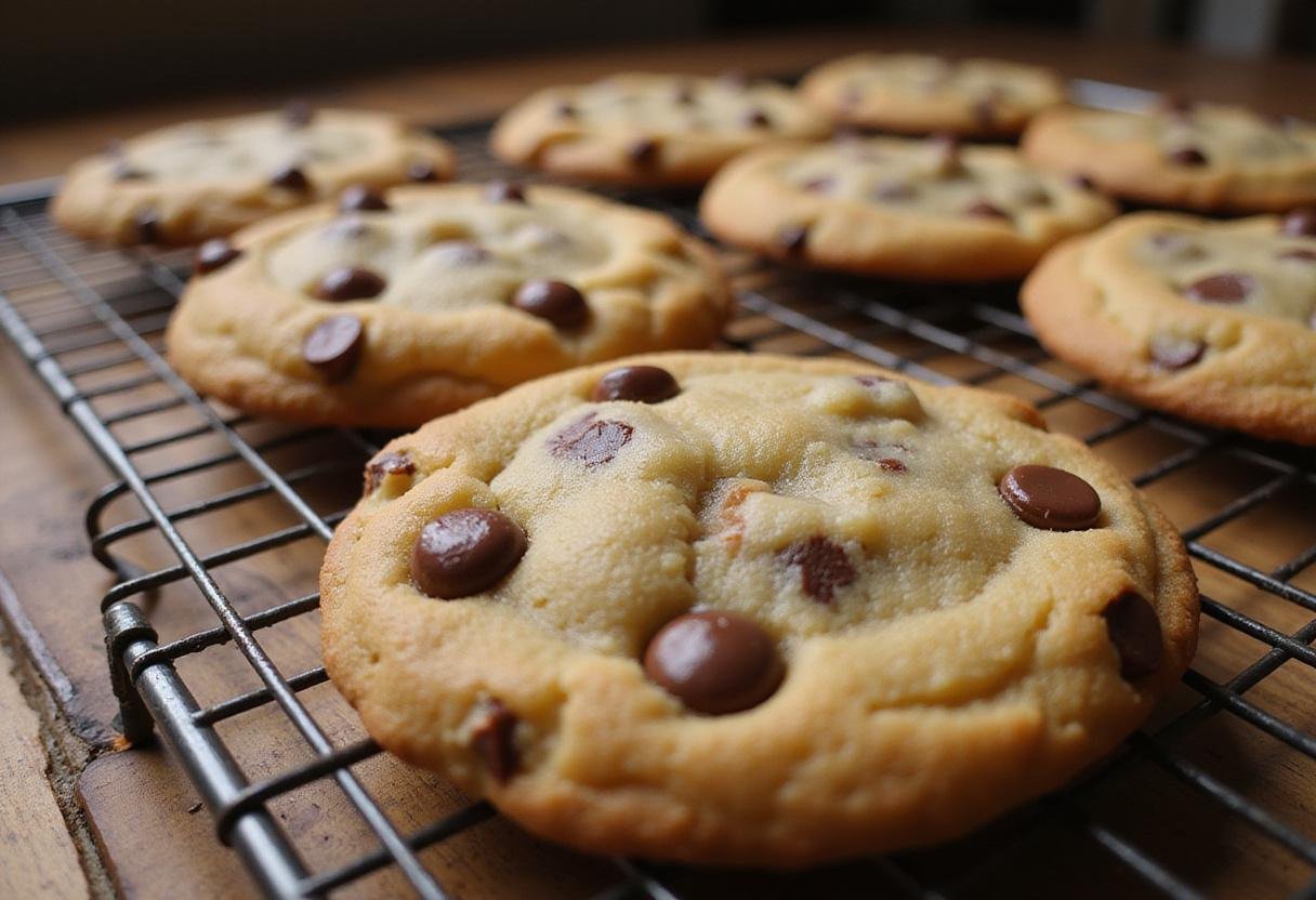 Golden brown butterscotch chocolate chip cookies cooling on a rack, highlighting their deliciousness and inviting appearance in a warm, homely kitchen.