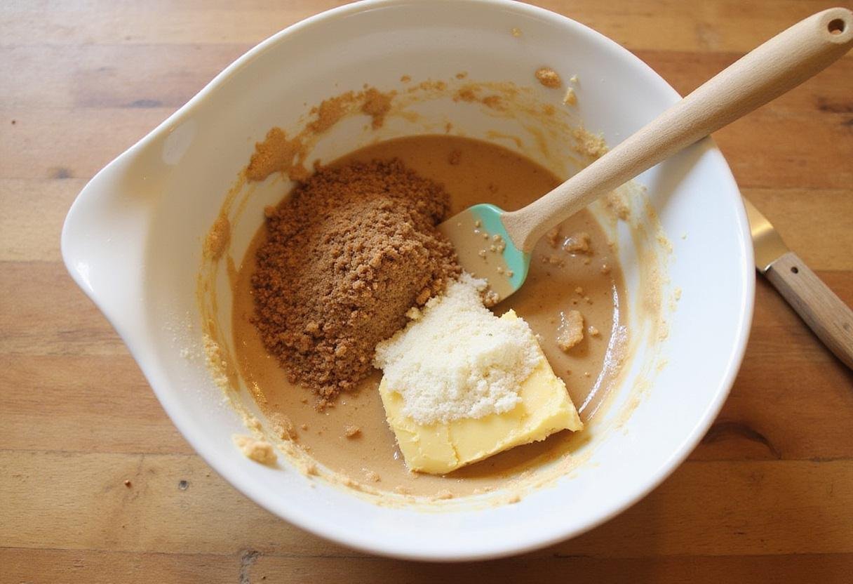 Creaming butter and sugars for butterscotch chocolate chip cookies in a cozy kitchen setting, featuring a smooth, creamy texture and warm brown tones.