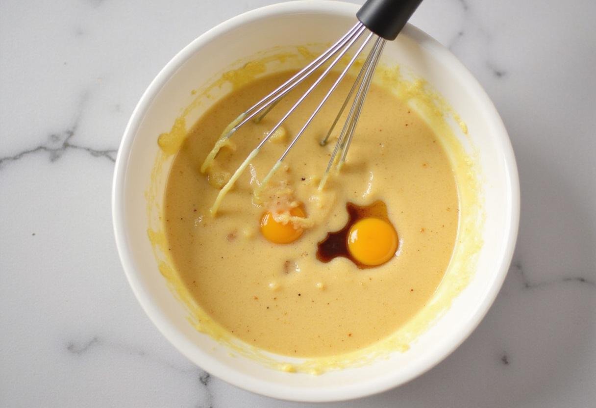 Mixing eggs and vanilla extract into the creamed butter and sugars, showcasing the glossy texture for butterscotch chocolate chip cookies preparation.